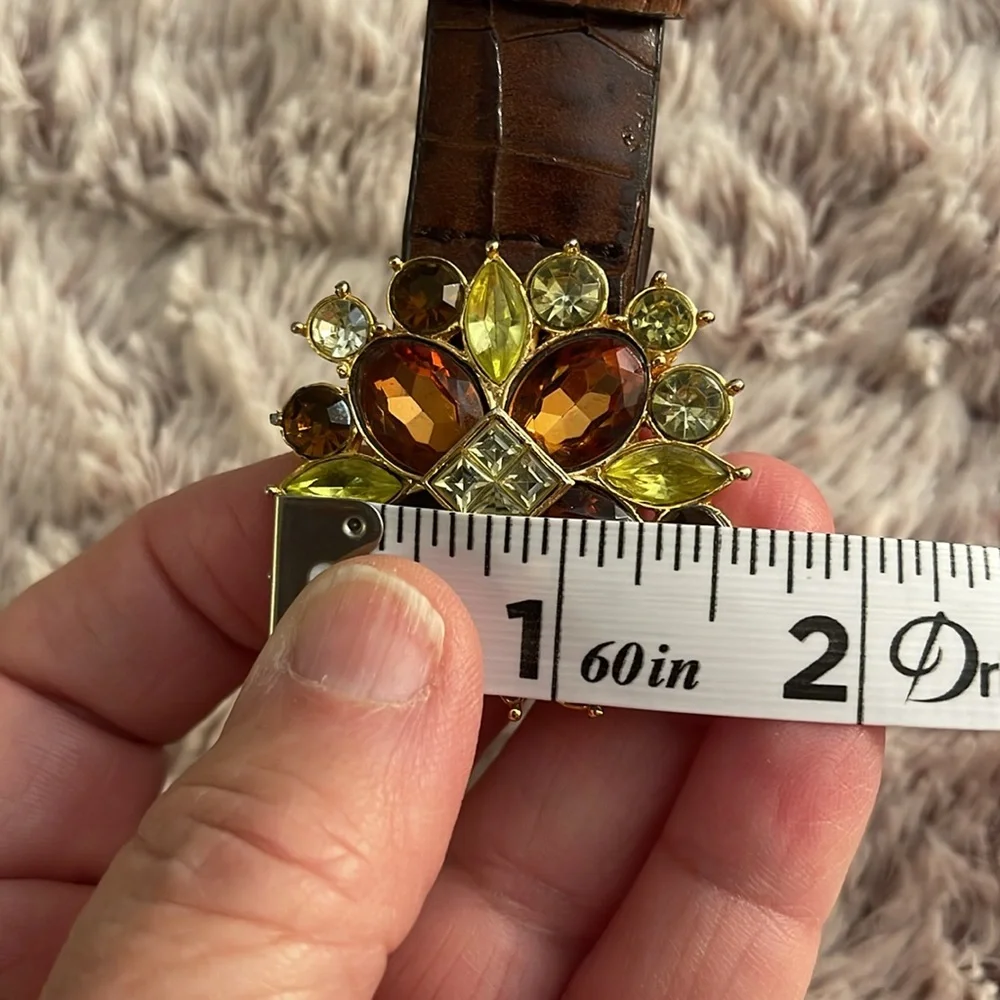 Liz Claiborne Y2K belt brown moc croc with colorful rhinestone buckle women Sz L